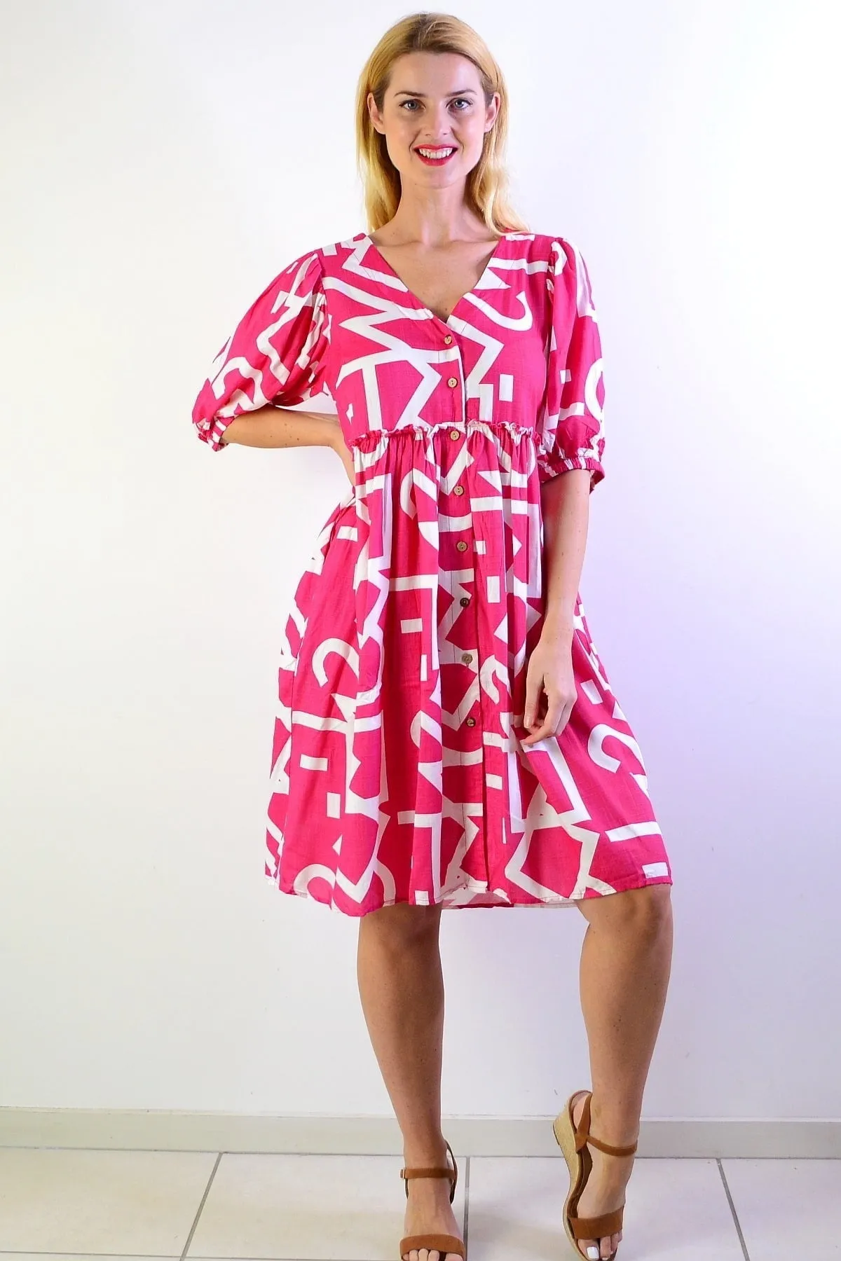 Pink White Front Button Up Tunic Dress