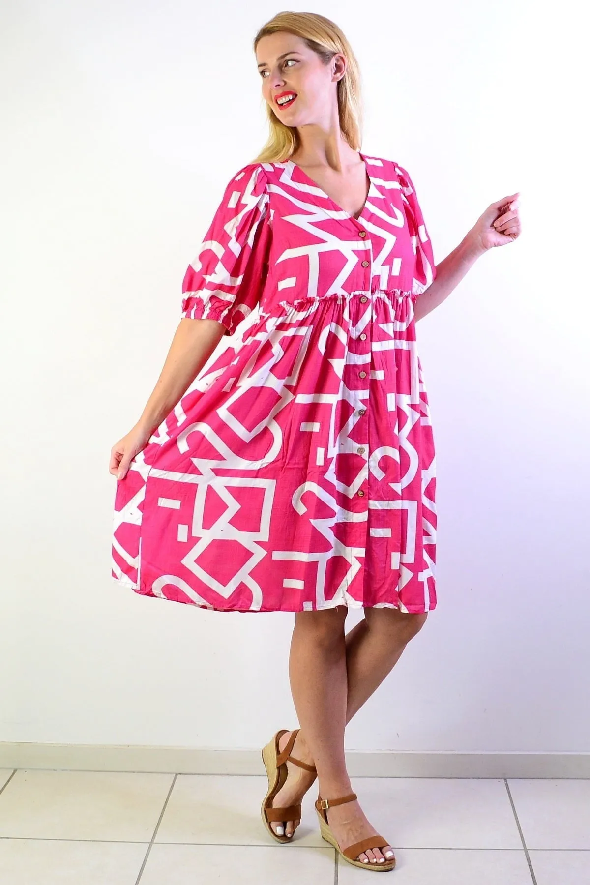 Pink White Front Button Up Tunic Dress