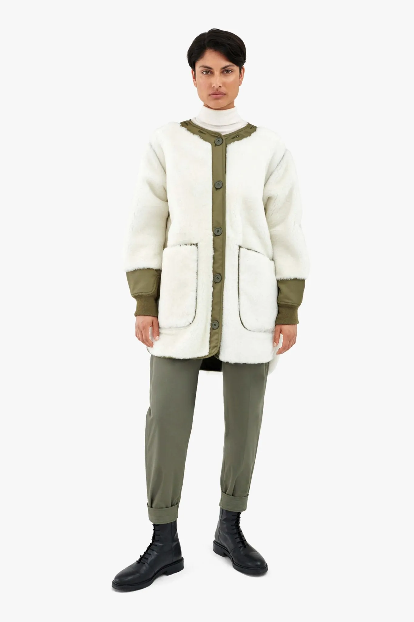 Shearling Coat - Ivory / Dark Olive