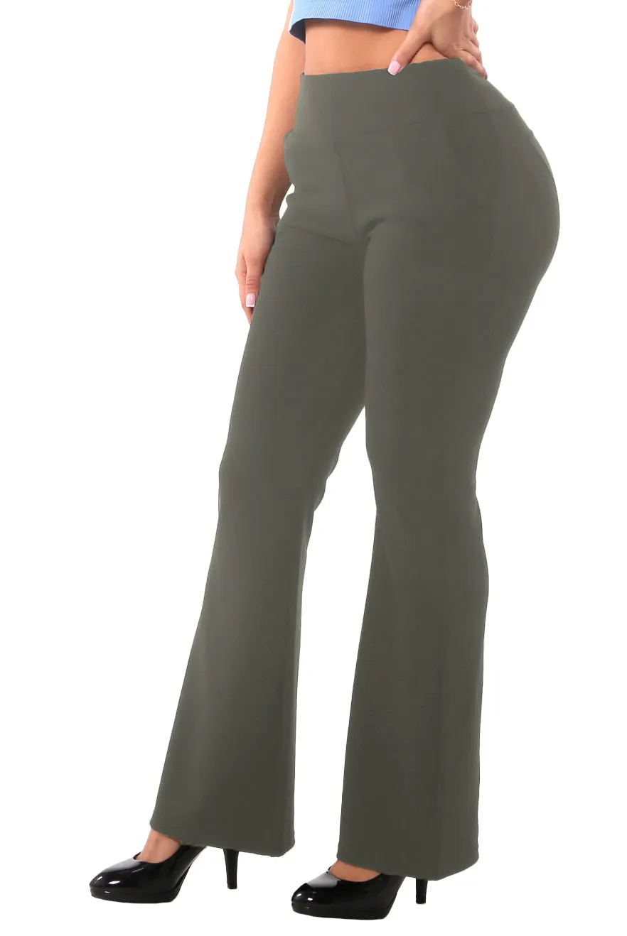 Tummy Control Butt Sculpting Flare Pants With Pockets - Dark Olive