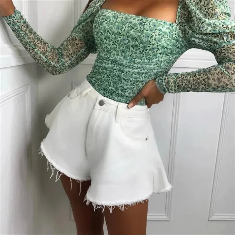 Uniwim Women Denim Shorts Summer Loose Style High Waist Streetwear Pantalones Cortos Solid Cutting Edge Flared Shorts Fashion Femme