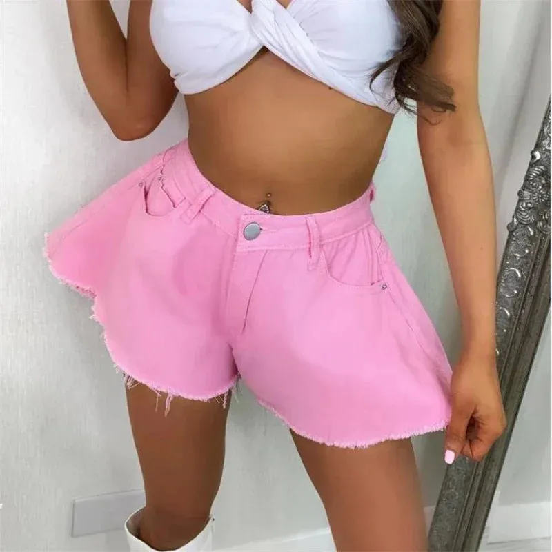 Uniwim Women Denim Shorts Summer Loose Style High Waist Streetwear Pantalones Cortos Solid Cutting Edge Flared Shorts Fashion Femme