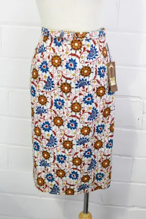Vintage 1950s Deadstock Koret White Novelty Print Floral Cotton Pencil Skirt, XS