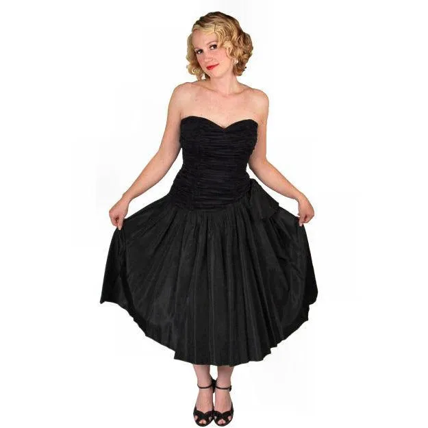 Vintage Black Strapless Cocktail Dress ShirredRayon & Taffeta 1950S 34-26-Free