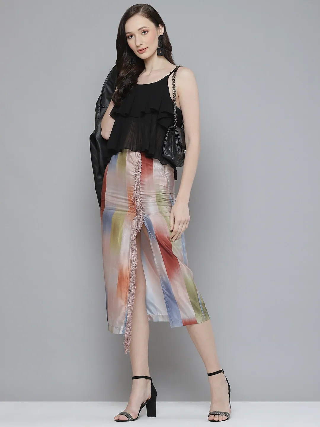 Women Multicolour Striped Wrap Midi Skirt