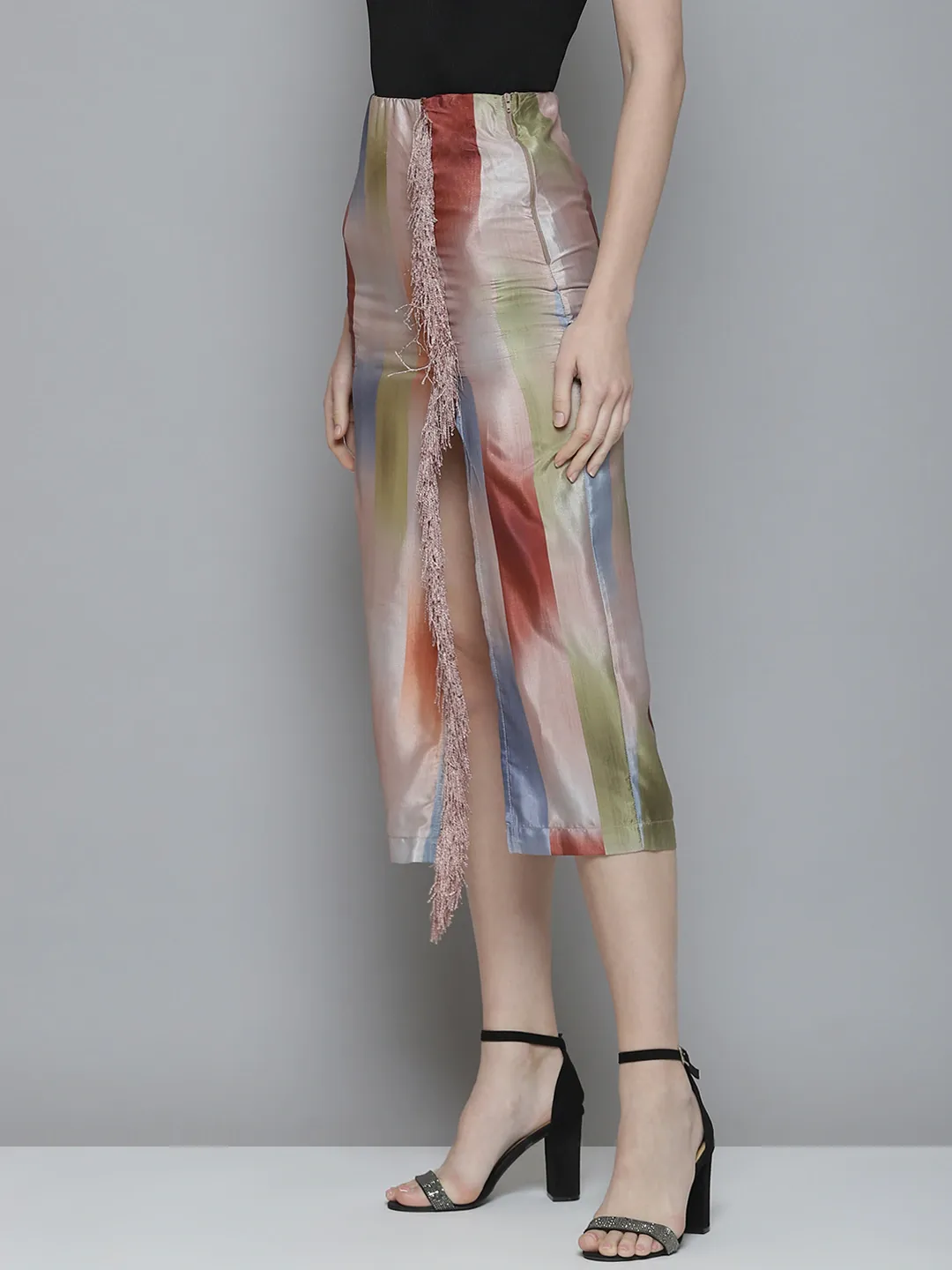 Women Multicolour Striped Wrap Midi Skirt