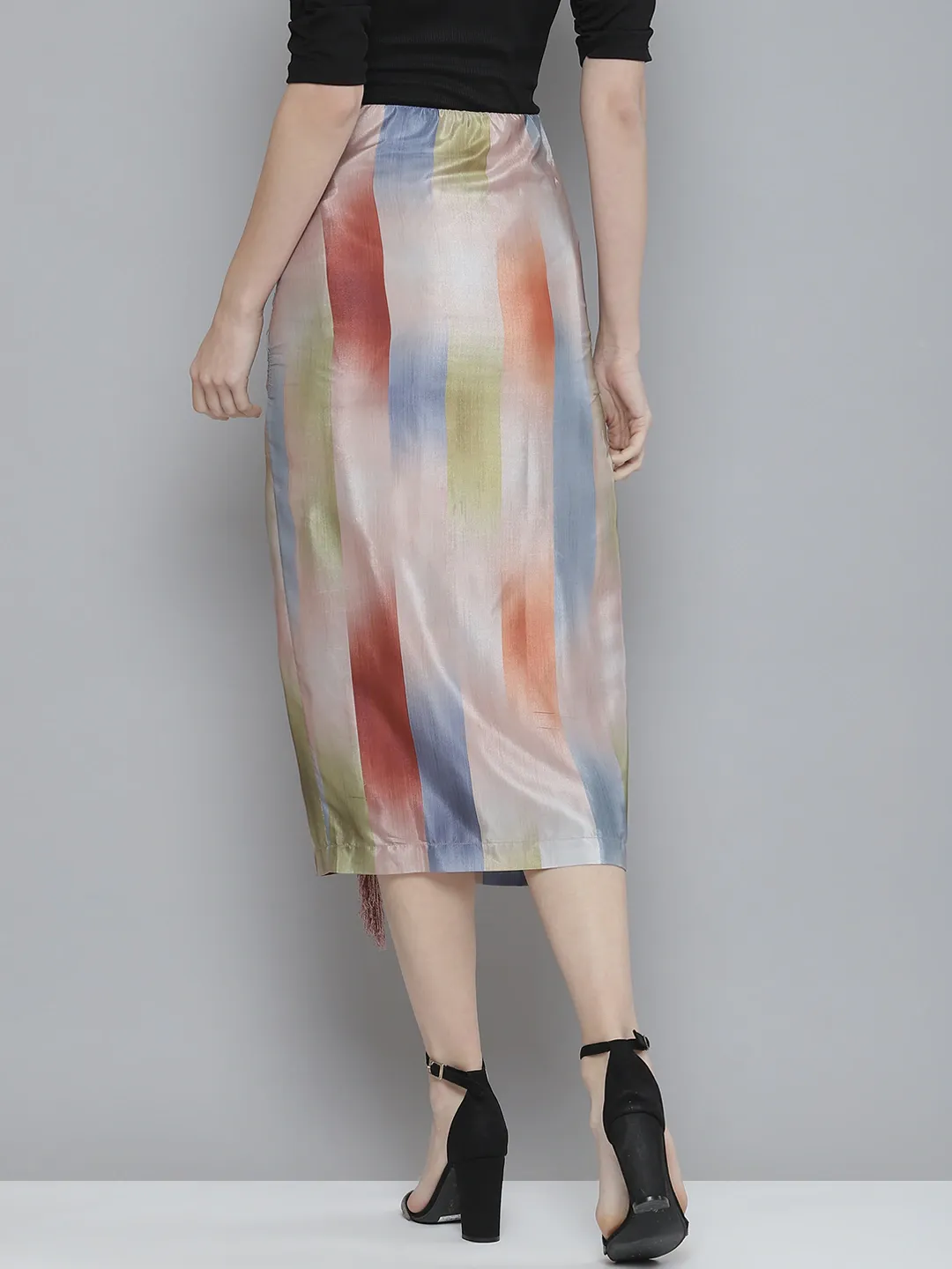 Women Multicolour Striped Wrap Midi Skirt