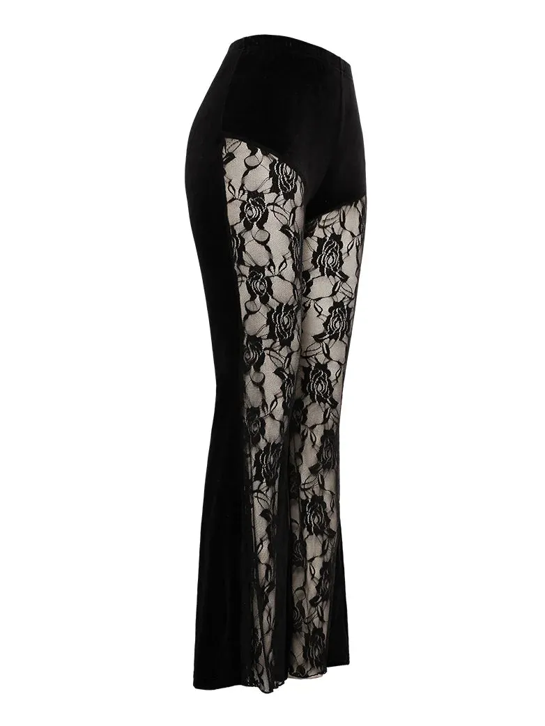 Women Victorian Goth Style Black Lace Velvet Flared Trousers
